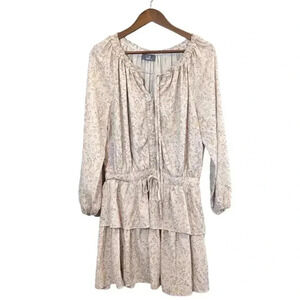 South Boutique Beige Tan Floral Smocked Ruffle Long Sleeve Dress Sz Large